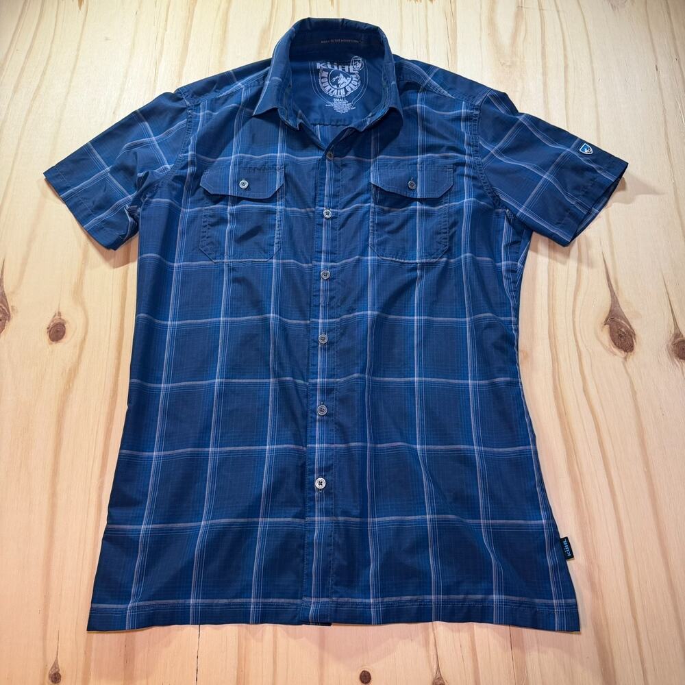 Kuhl Mountain Grown Shirt Mens Small Eluxur Blue Plaid Short Sleeve Button Up
